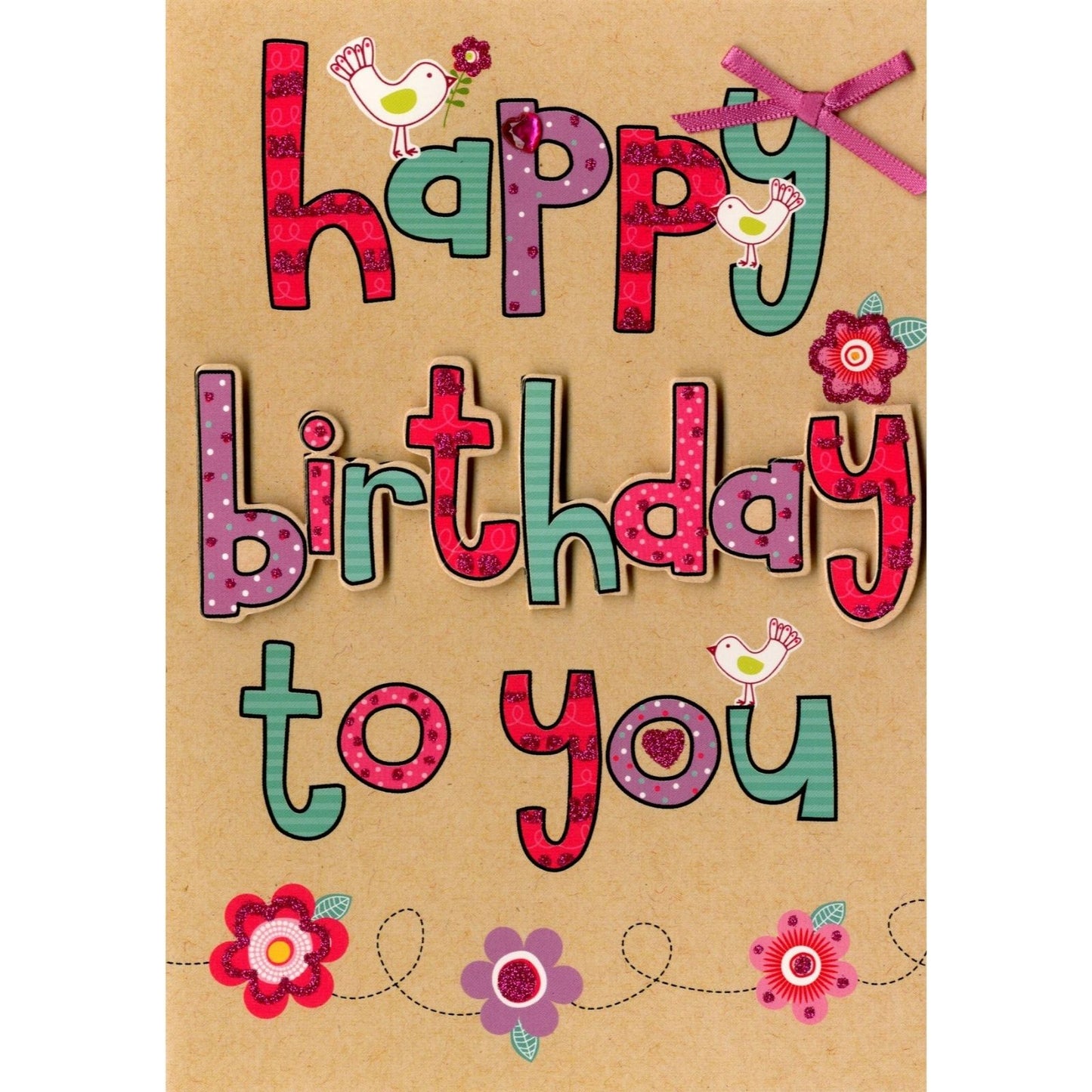 Hand-Finished Happy Birthday To You Lettering Embellished Glittered Card For Her