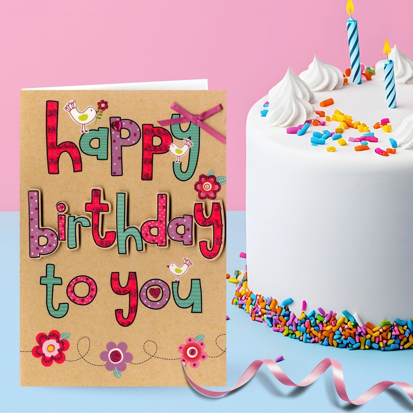 Hand-Finished Happy Birthday To You Lettering Embellished Glittered Card For Her