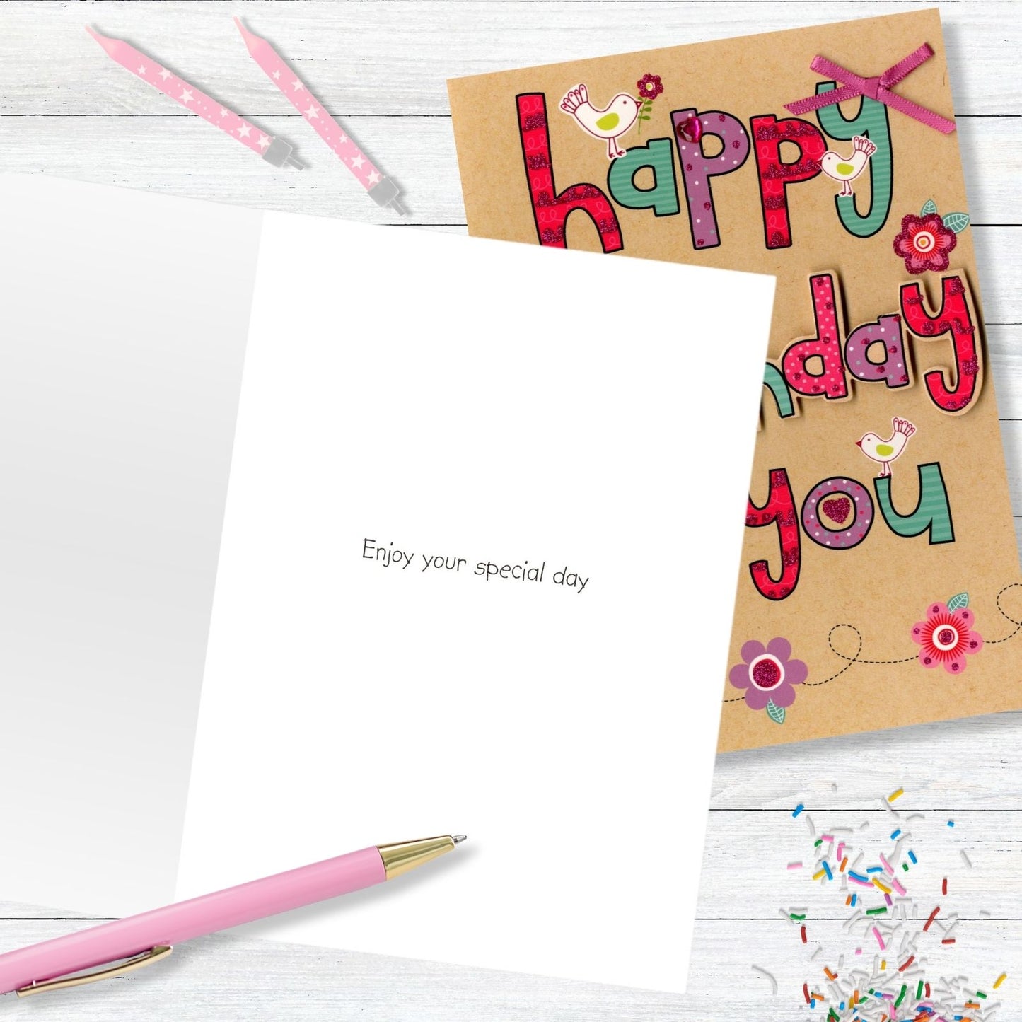 Hand-Finished Happy Birthday To You Lettering Embellished Glittered Card For Her