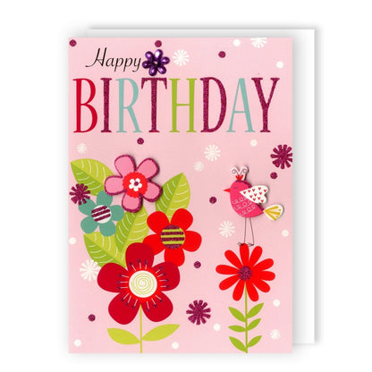 Hand-Finished Happy Birthday Card Pink Floral Embellished Card For Her