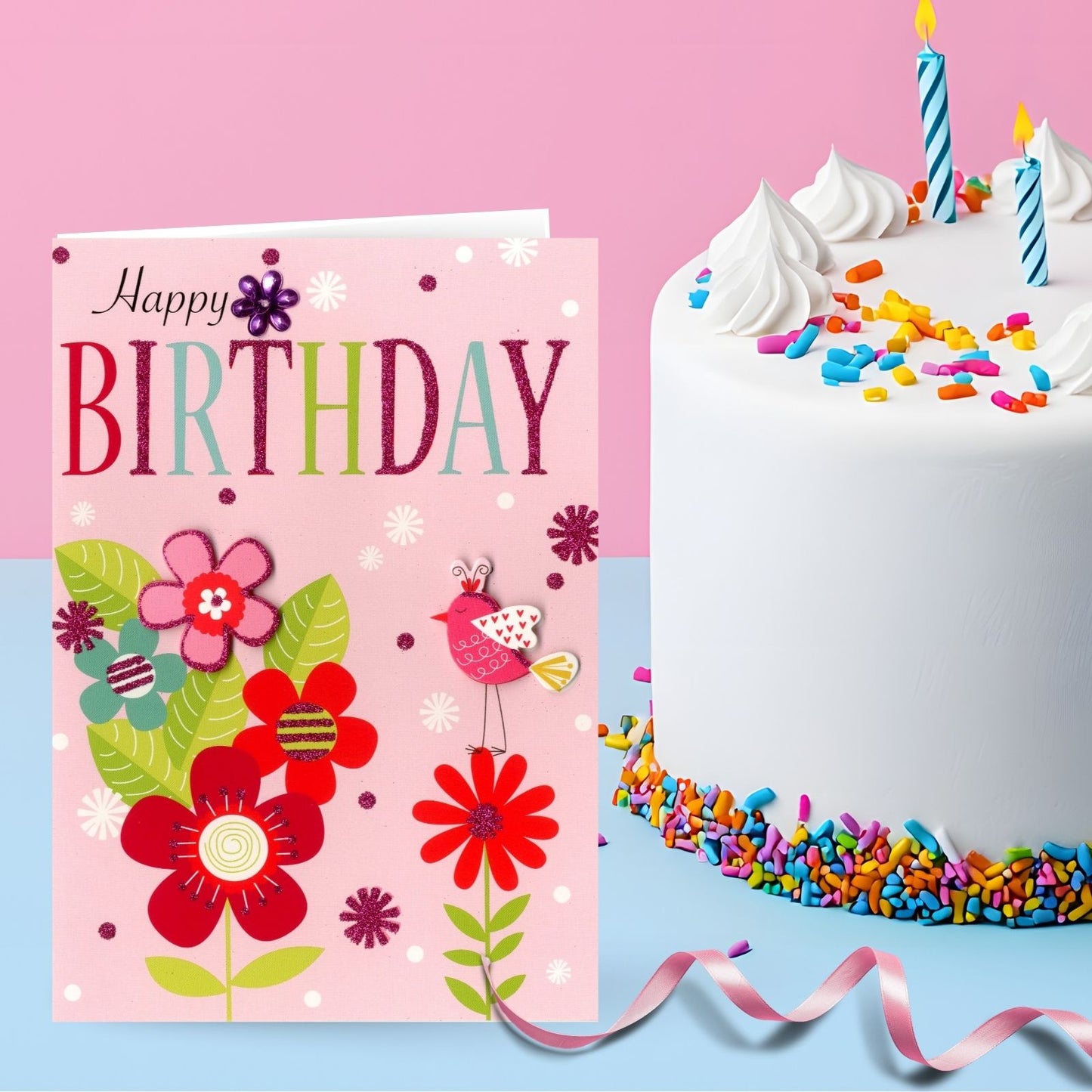Hand-Finished Happy Birthday Card Pink Floral Embellished Card For Her