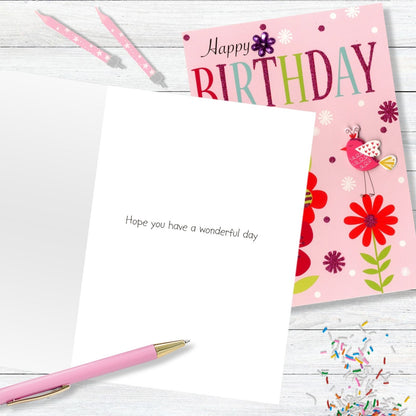 Hand-Finished Happy Birthday Card Pink Floral Embellished Card For Her