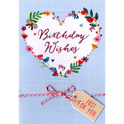 Hand-Finished Floral Love Heart Wreath Birthday Card Glittered For Her