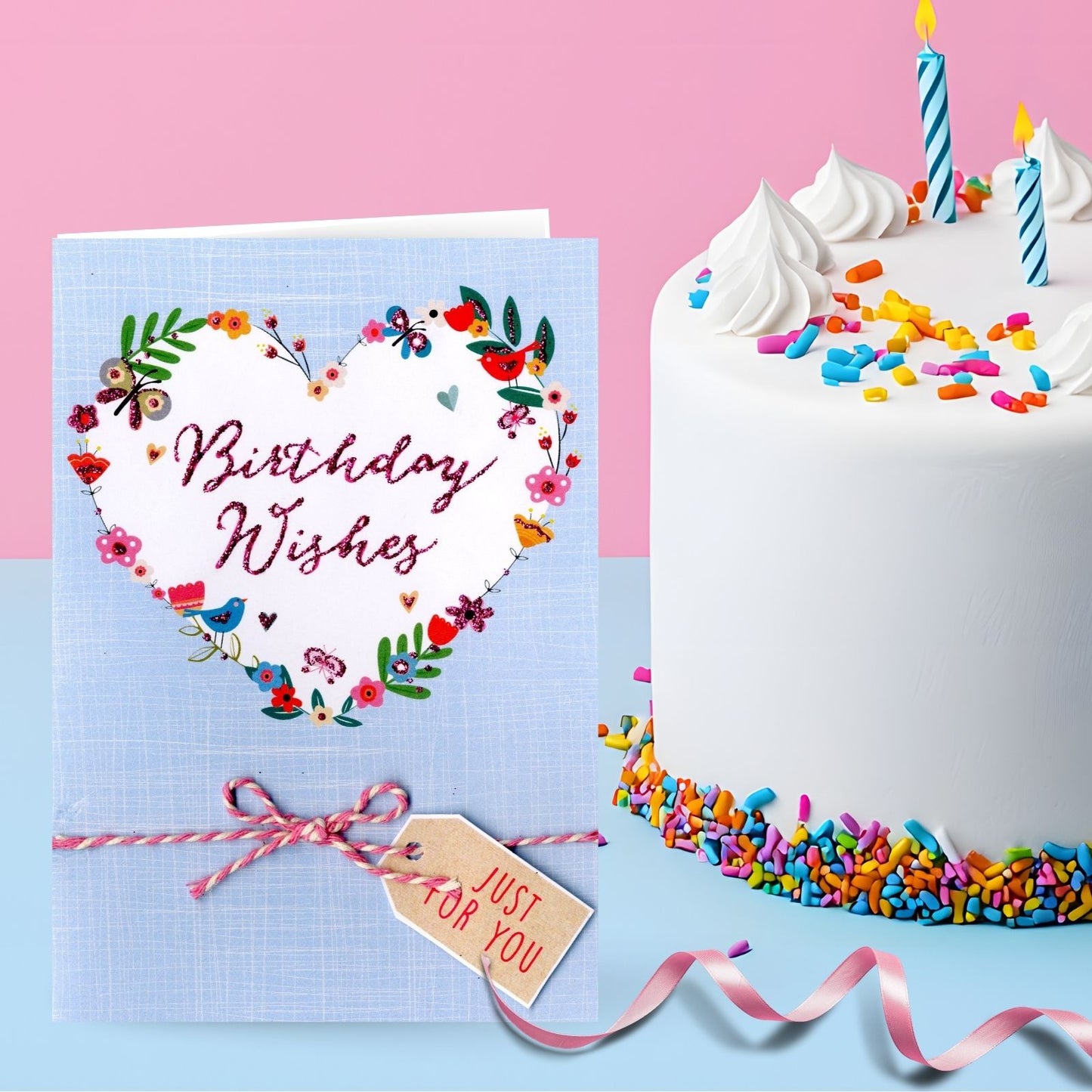 Hand-Finished Floral Love Heart Wreath Birthday Card Glittered For Her