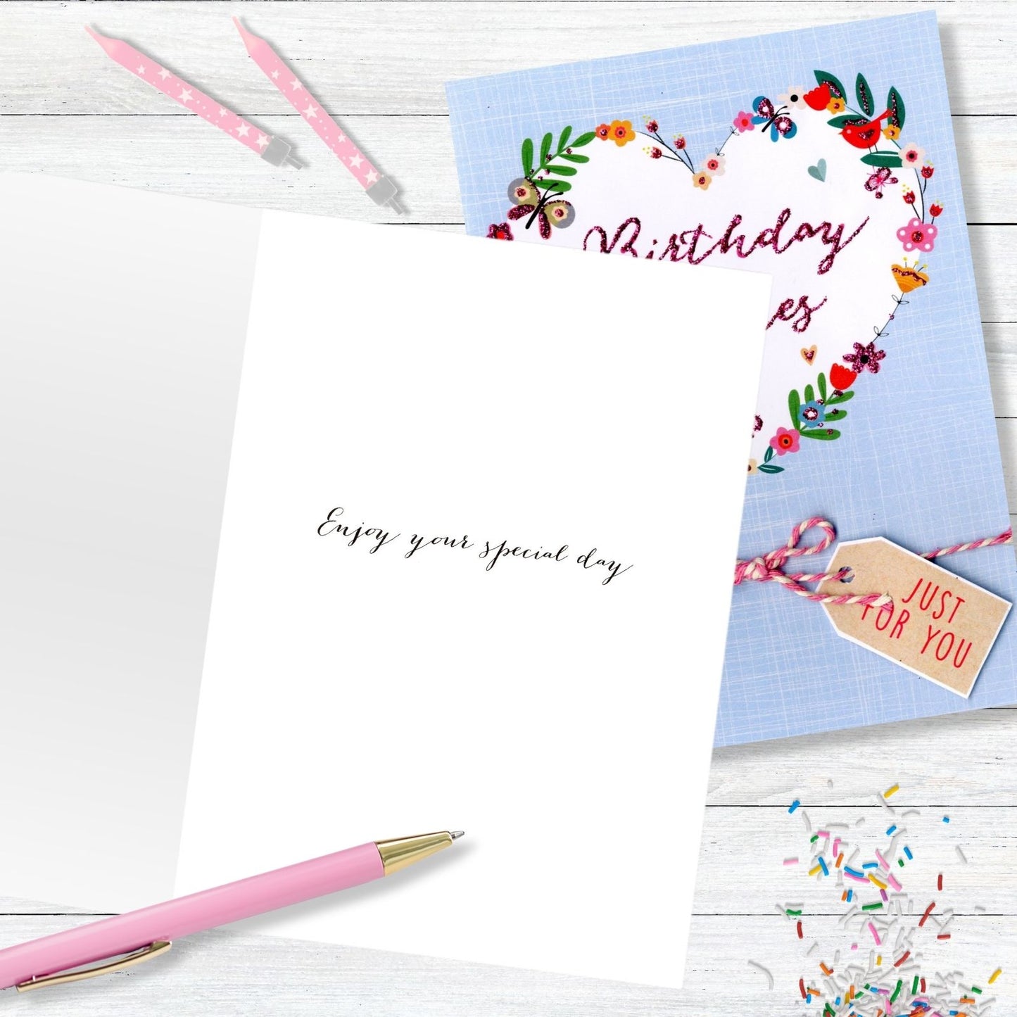 Hand-Finished Floral Love Heart Wreath Birthday Card Glittered For Her