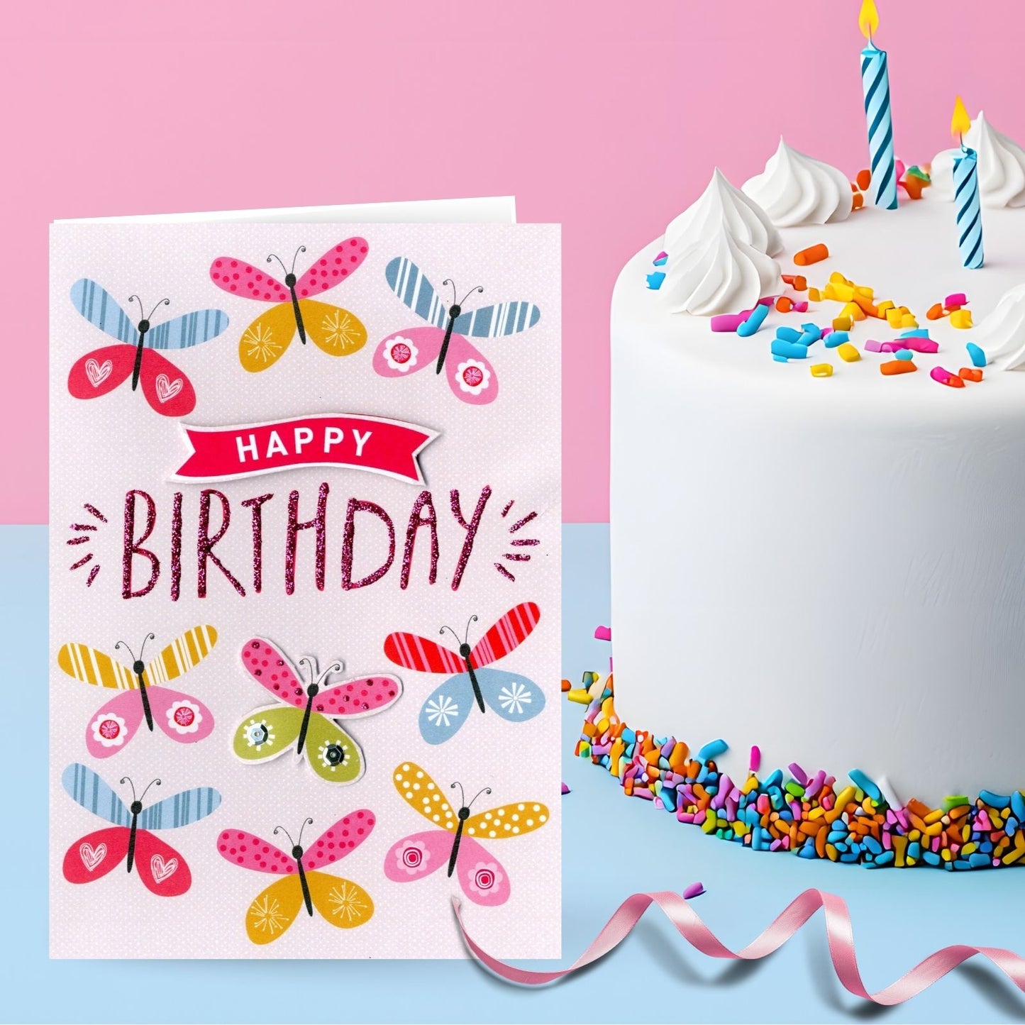 Hand-Finished Happy Birthday Greeting Card Glittered Butterflies For Her