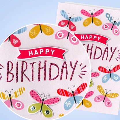 Hand-Finished Happy Birthday Greeting Card Glittered Butterflies For Her