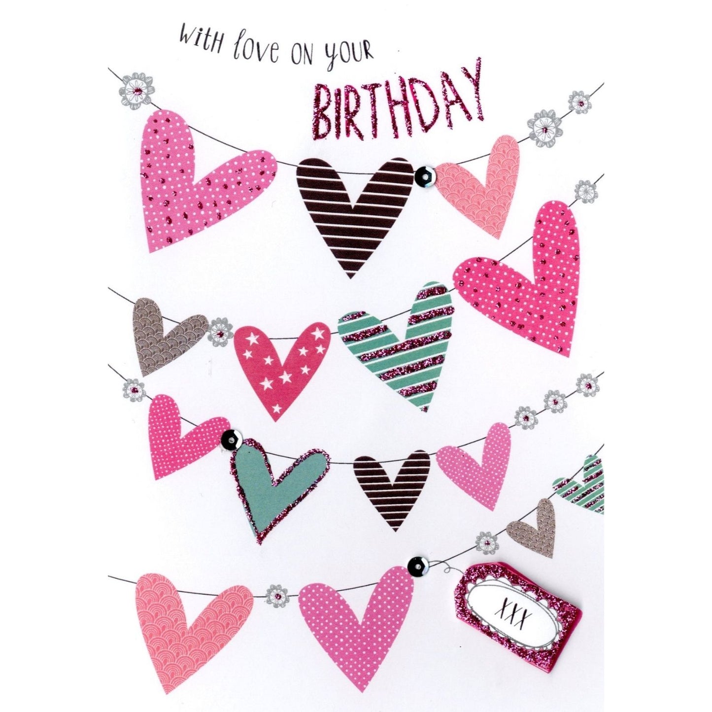 Hand-Finished Birthday Card Embellished Celebration Love Hearts For Her