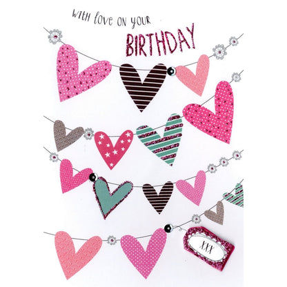 Hand-Finished Birthday Card Embellished Celebration Love Hearts For Her