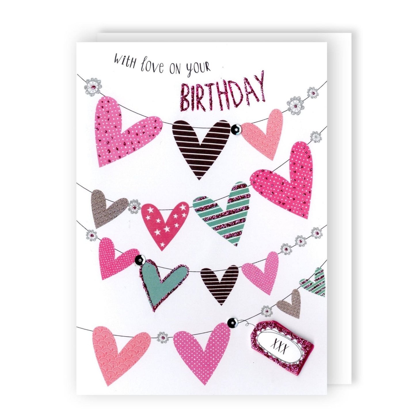 Hand-Finished Birthday Card Embellished Celebration Love Hearts For Her