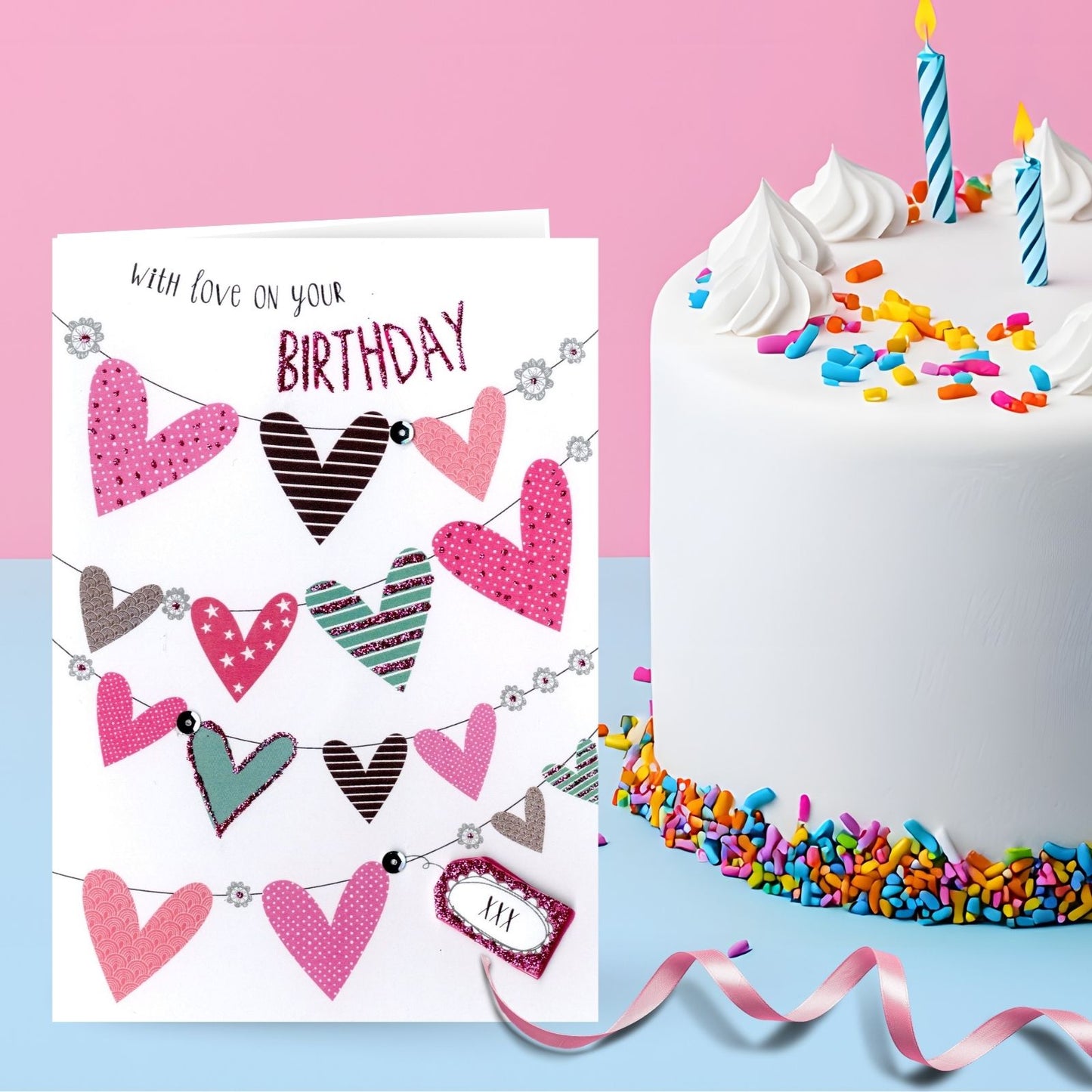 Hand-Finished Birthday Card Embellished Celebration Love Hearts For Her