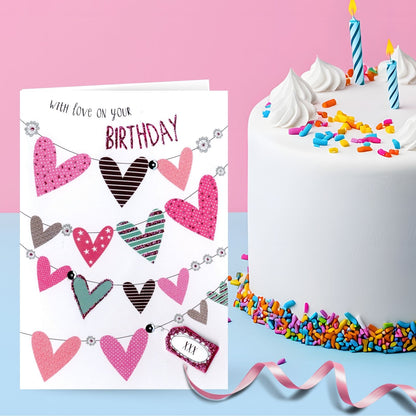 Hand-Finished Birthday Card Embellished Celebration Love Hearts For Her