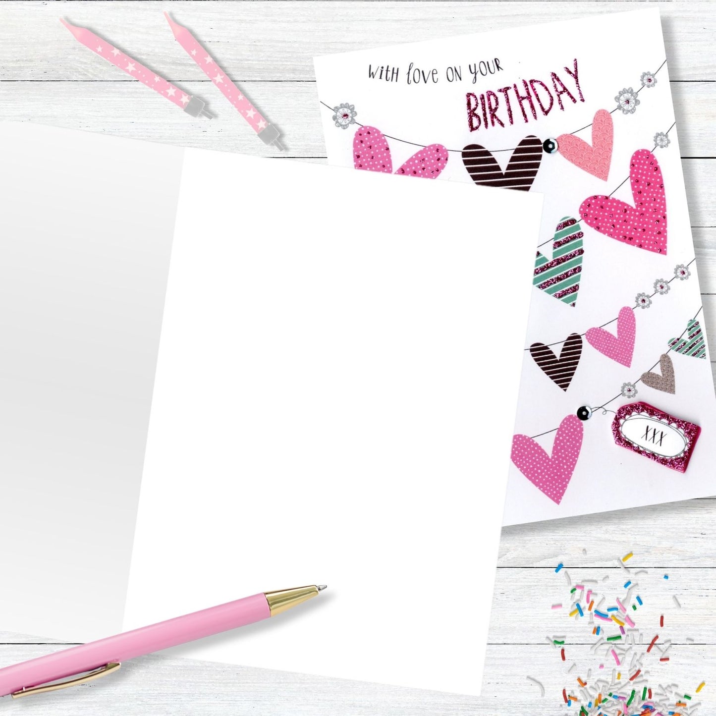 Hand-Finished Birthday Card Embellished Celebration Love Hearts For Her