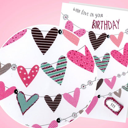 Hand-Finished Birthday Card Embellished Celebration Love Hearts For Her