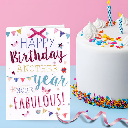 Hand-Finished Happy Birthday Another Year More Fabulous! Glittered Card For Her