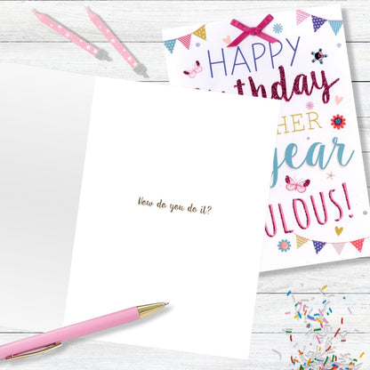Hand-Finished Happy Birthday Another Year More Fabulous! Glittered Card For Her