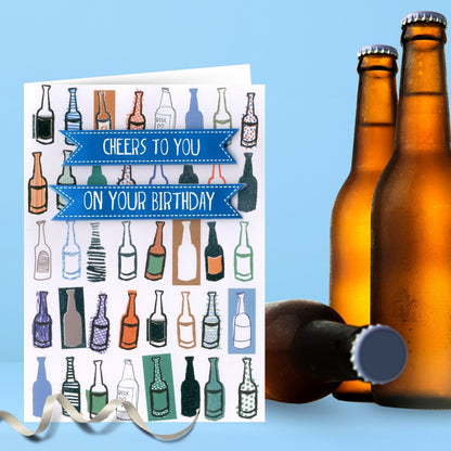 Hand-Finished Birthday Greeting Card Beer Bottle Cheers Embellished For Him