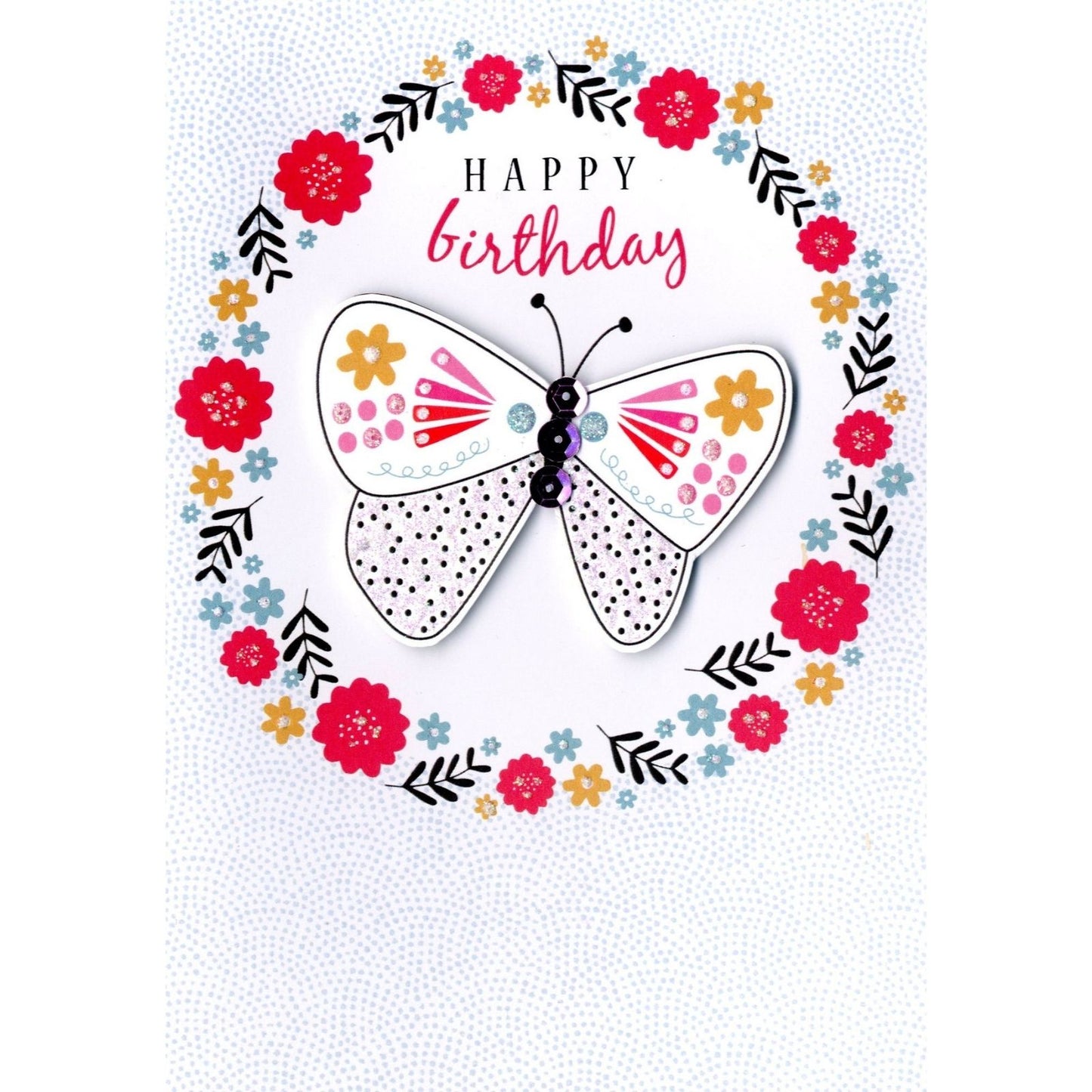 Hand-Finished Happy Birthday Card Sparkling Floral Butterfly Glittered For Her