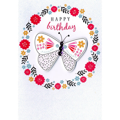 Hand-Finished Happy Birthday Card Sparkling Floral Butterfly Glittered For Her