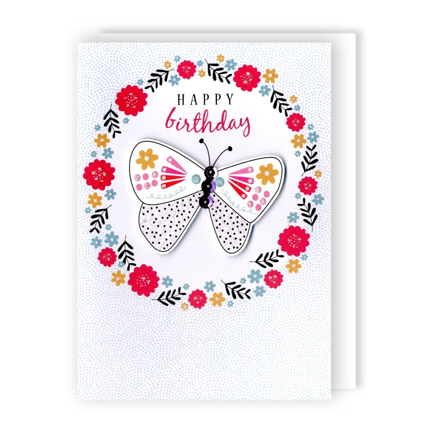 Hand-Finished Happy Birthday Card Sparkling Floral Butterfly Glittered For Her