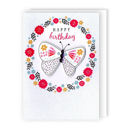 Hand-Finished Happy Birthday Card Sparkling Floral Butterfly Glittered For Her