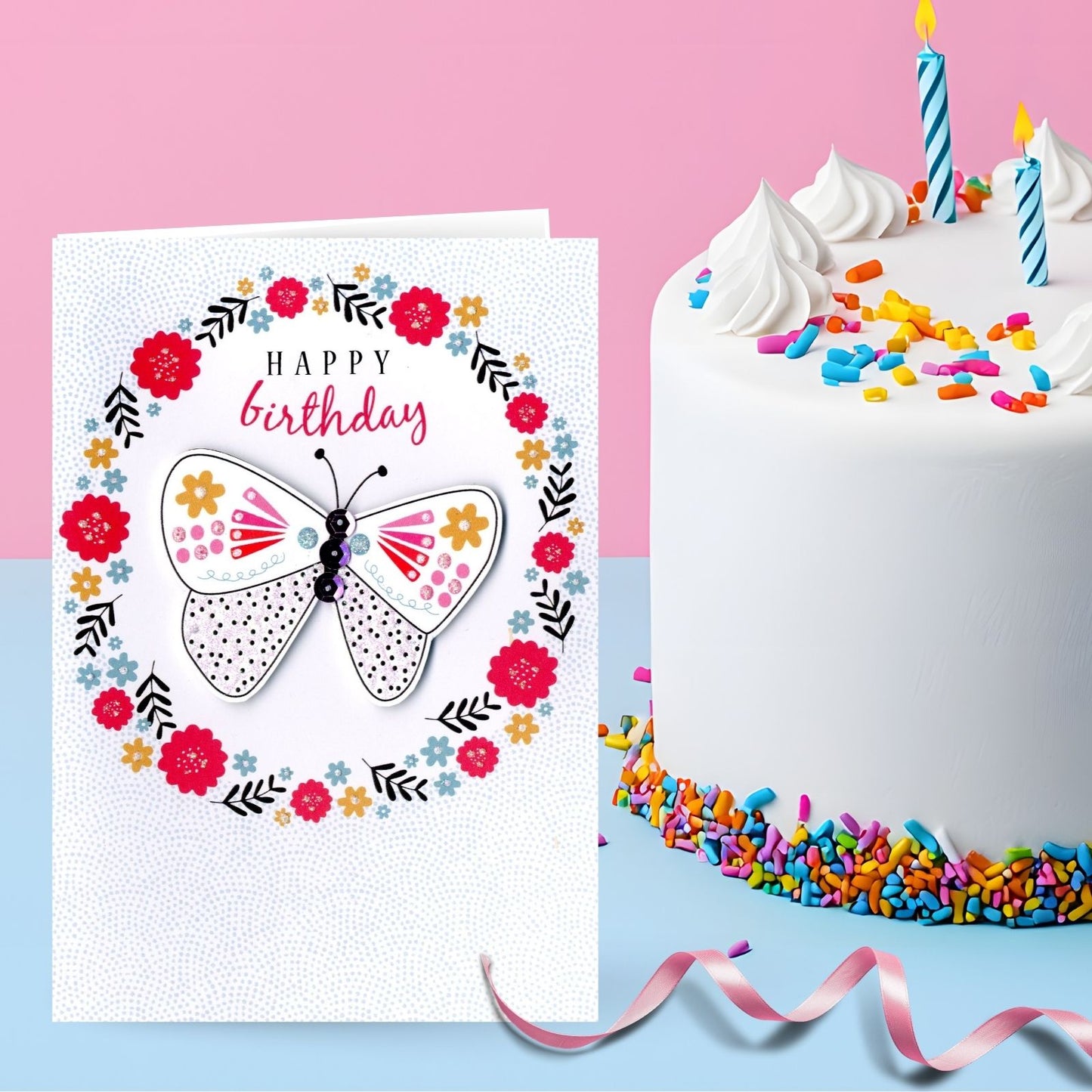 Hand-Finished Happy Birthday Card Sparkling Floral Butterfly Glittered For Her