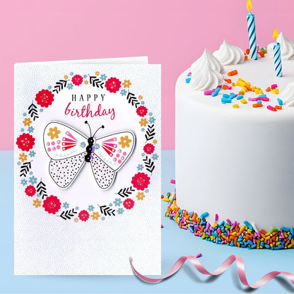 Hand-Finished Happy Birthday Card Sparkling Floral Butterfly Glittered For Her