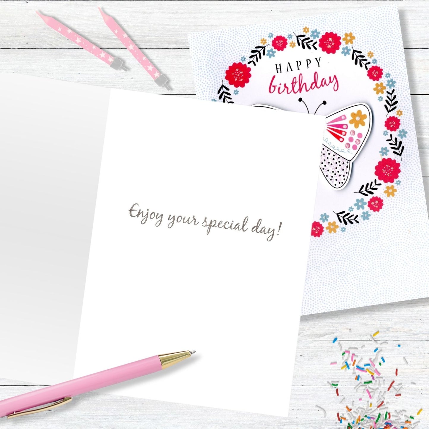 Hand-Finished Happy Birthday Card Sparkling Floral Butterfly Glittered For Her