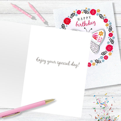 Hand-Finished Happy Birthday Card Sparkling Floral Butterfly Glittered For Her