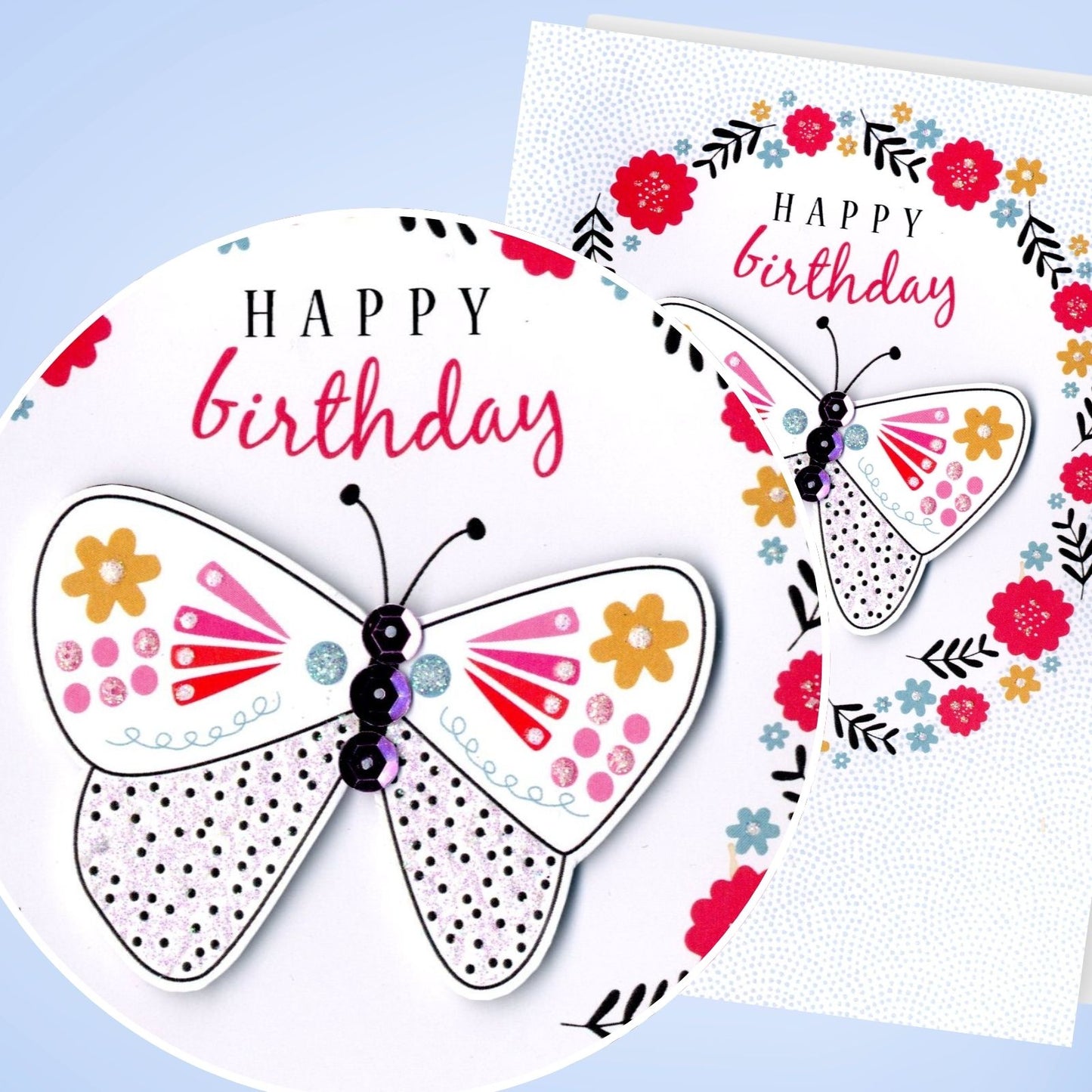 Hand-Finished Happy Birthday Card Sparkling Floral Butterfly Glittered For Her