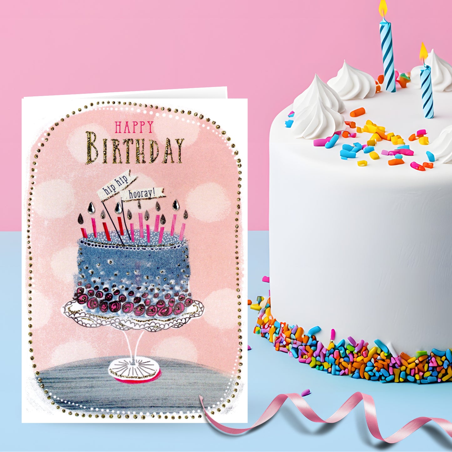 Hand-Finished Happy Birthday Card Celebration Glittered Embellished Cake For Her
