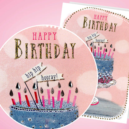 Hand-Finished Happy Birthday Card Celebration Glittered Embellished Cake For Her