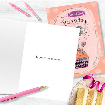 Hand-Finished Birthday Greeting Card Sparkling Cupcake Embellished For Her