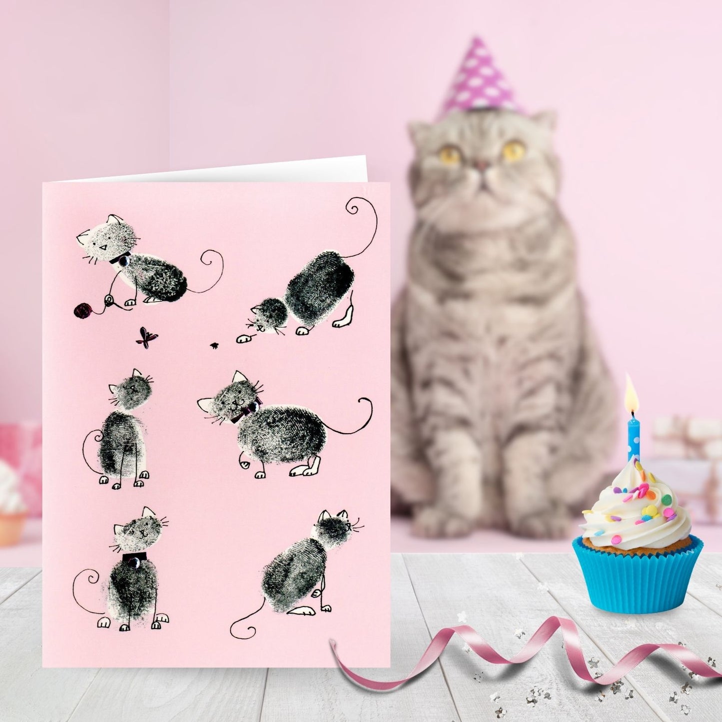Hand-Finished Cat Greeting Card Playful Paws Embellished Blank For Any Occasion