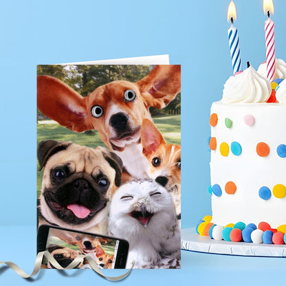 Hand-Finished Funny Greeting Card Dogs & Owl Selfie Fun Blank For Any Occasion