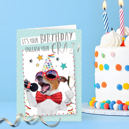 Hand-Finished Funny Birthday Greeting Card Embellished Party Karaoke Dog