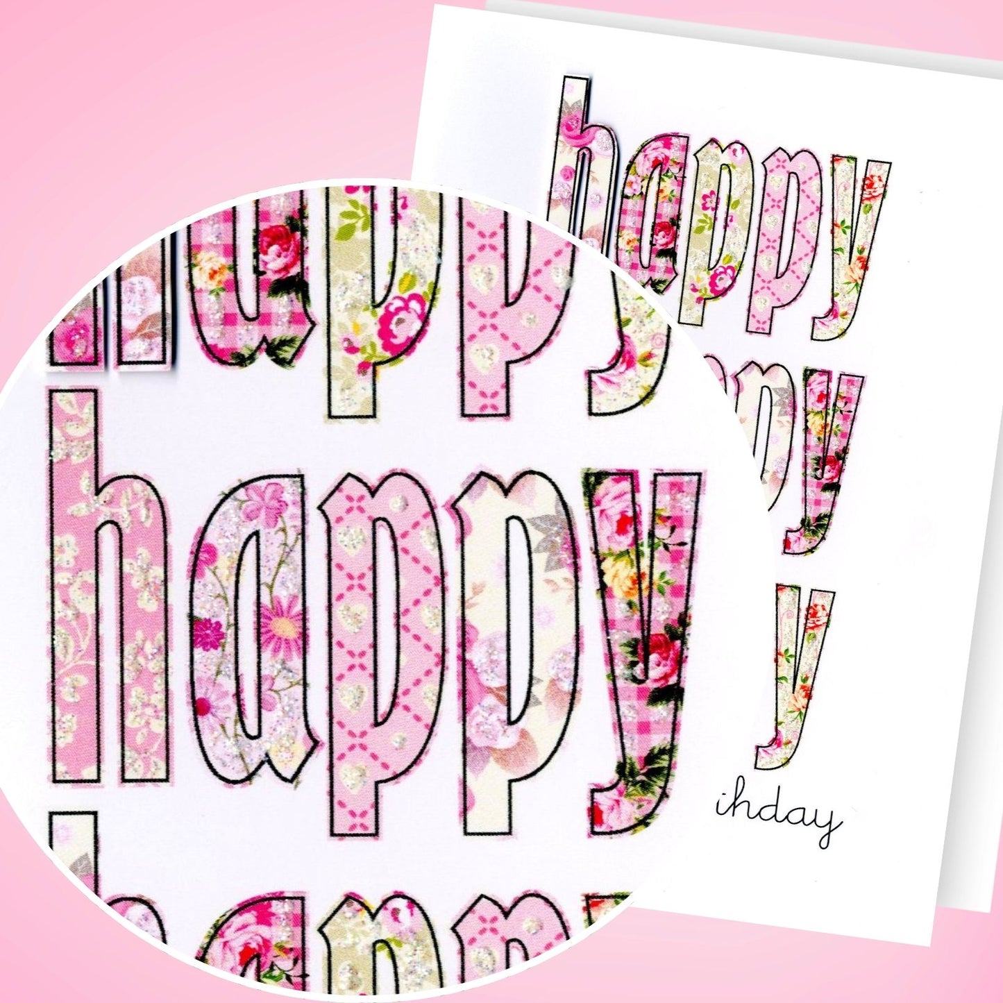 Hand-Finished Happy Birthday Card Pink Floral Embellished Glittered For Her
