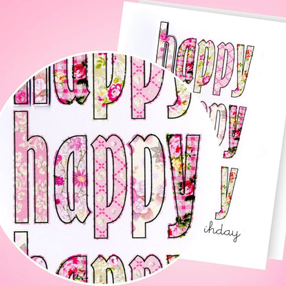 Hand-Finished Happy Birthday Card Pink Floral Embellished Glittered For Her
