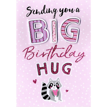 Hand-Finished Cute Racoon Big Birthday Hug Card Embellished Glittered For Her