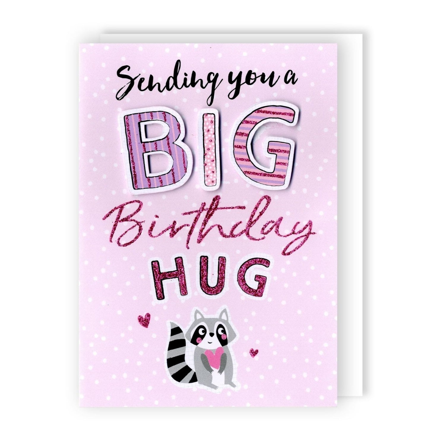 Hand-Finished Cute Racoon Big Birthday Hug Card Embellished Glittered For Her