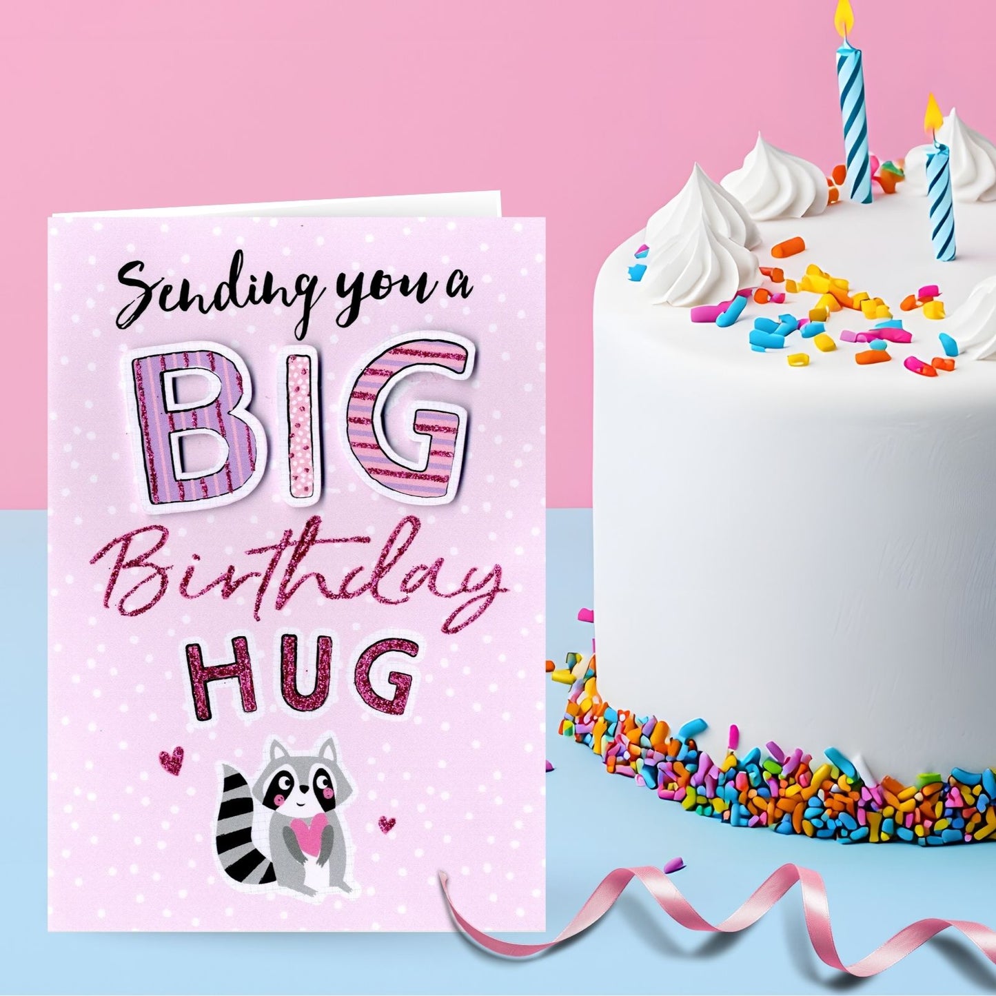 Hand-Finished Cute Racoon Big Birthday Hug Card Embellished Glittered For Her