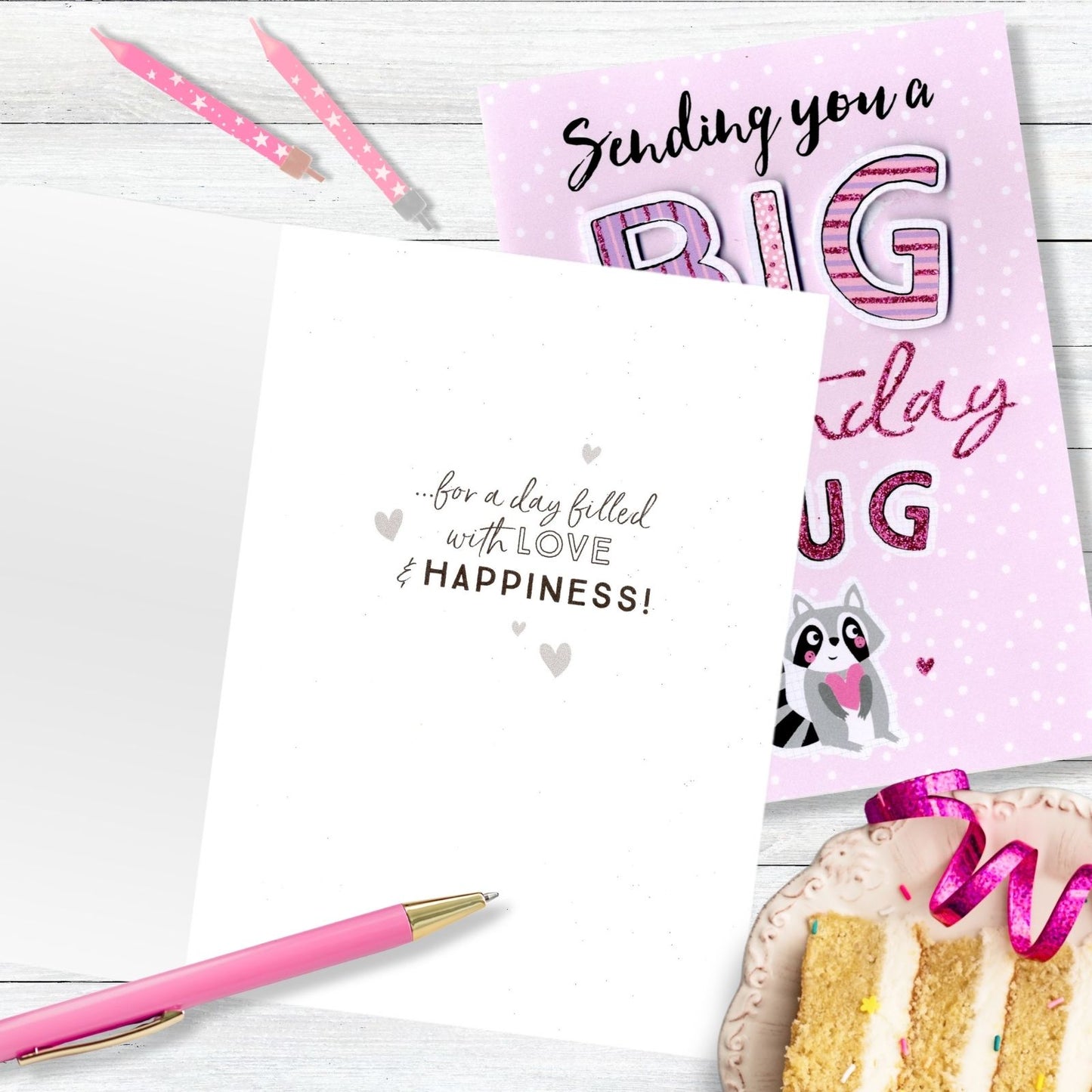 Hand-Finished Cute Racoon Big Birthday Hug Card Embellished Glittered For Her