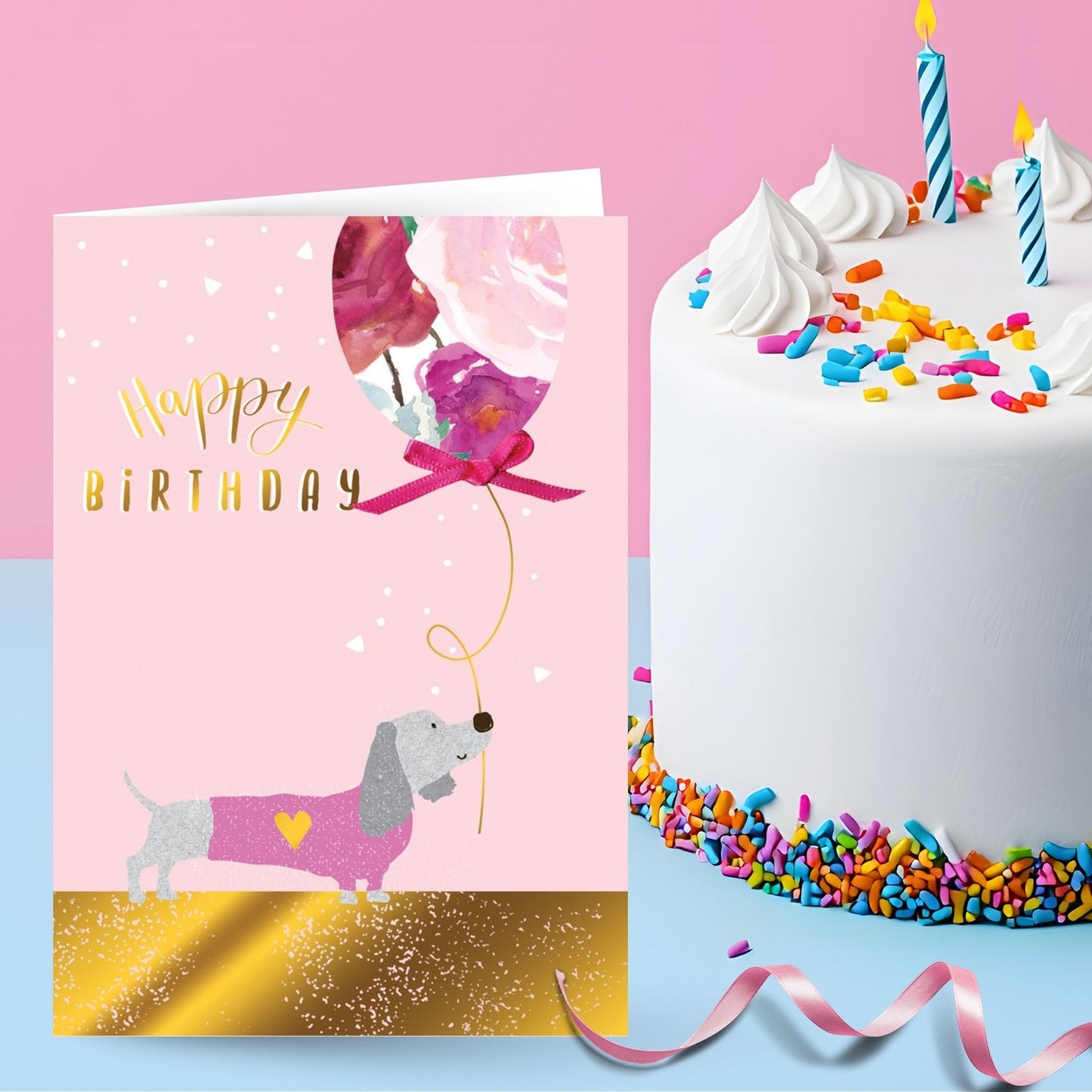 Hand-Finished Happy Birthday Card Embellished Playful Pink Sausage Dog For Her