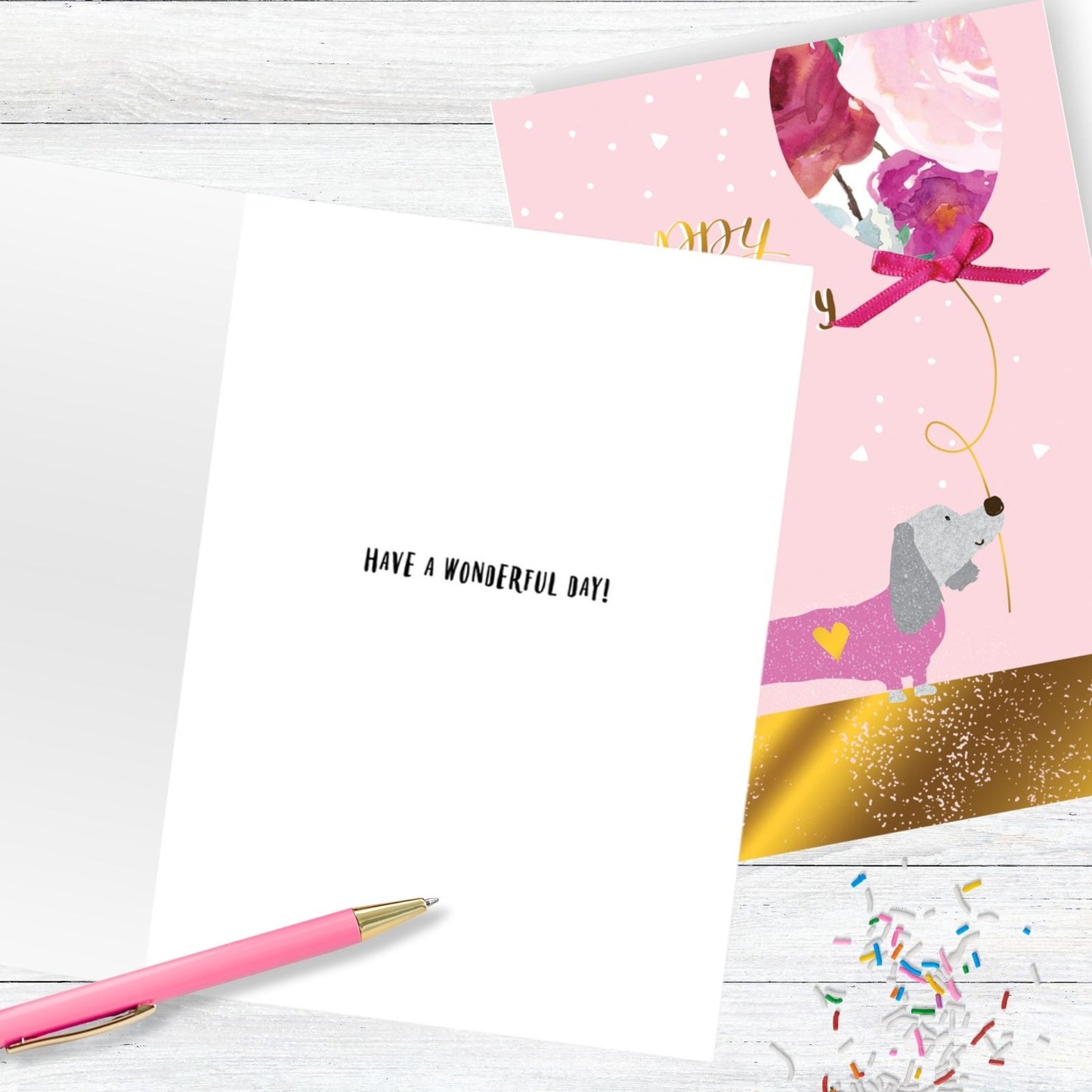 Hand-Finished Happy Birthday Card Embellished Playful Pink Sausage Dog For Her