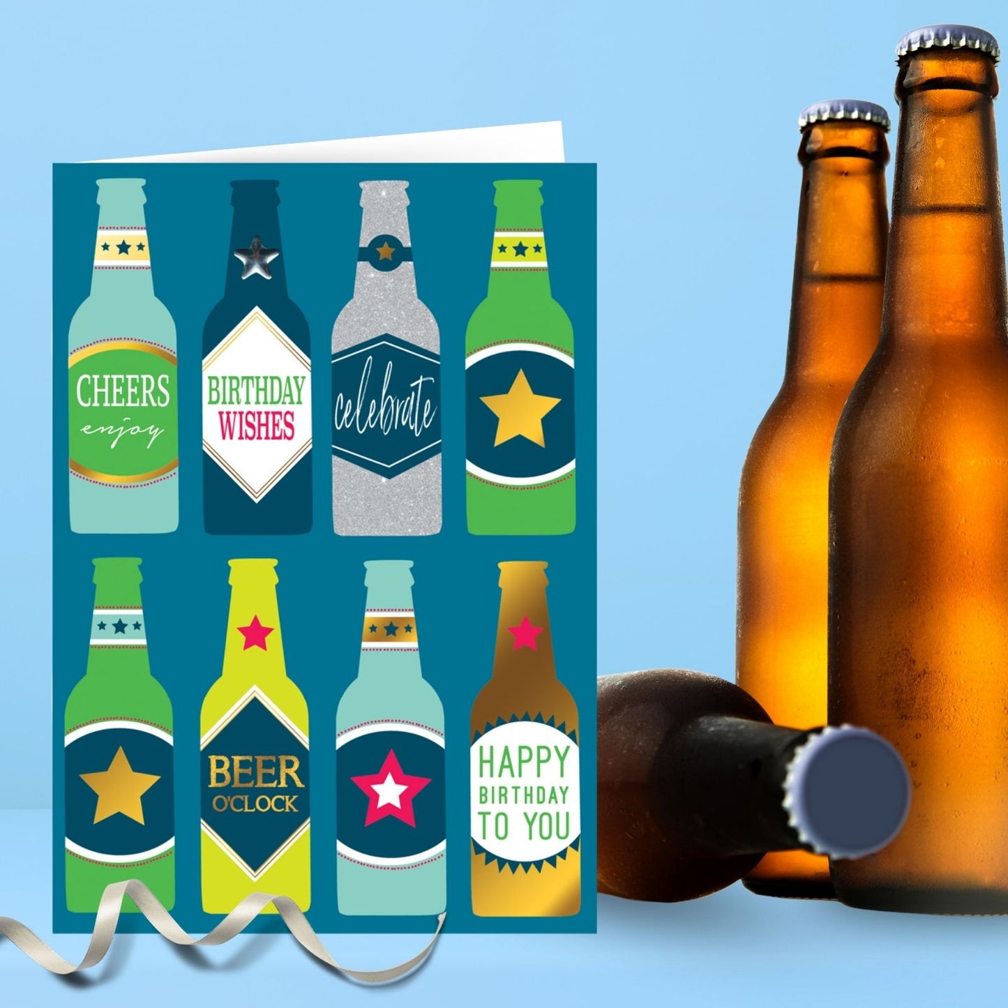 Hand-Finished Birthday Greeting Card Beer Bottles Cheers Embellished For Him