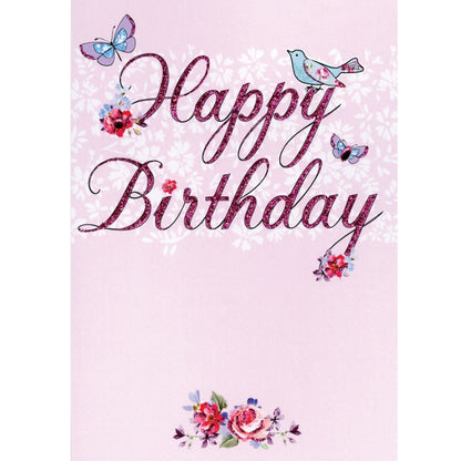Hand-Finished Happy Birthday Card Whimsical Floral Birds Glittered Pink For Her
