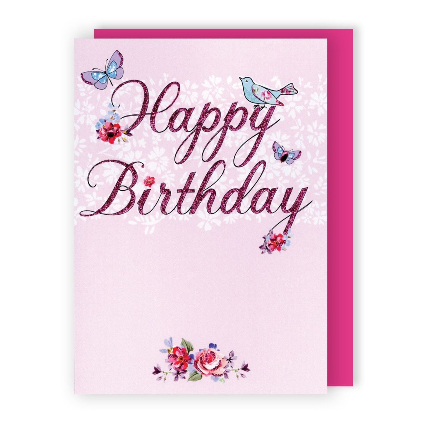 Hand-Finished Happy Birthday Card Whimsical Floral Birds Glittered Pink For Her