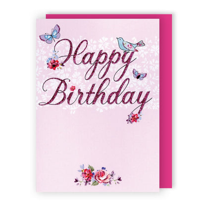 Hand-Finished Happy Birthday Card Whimsical Floral Birds Glittered Pink For Her
