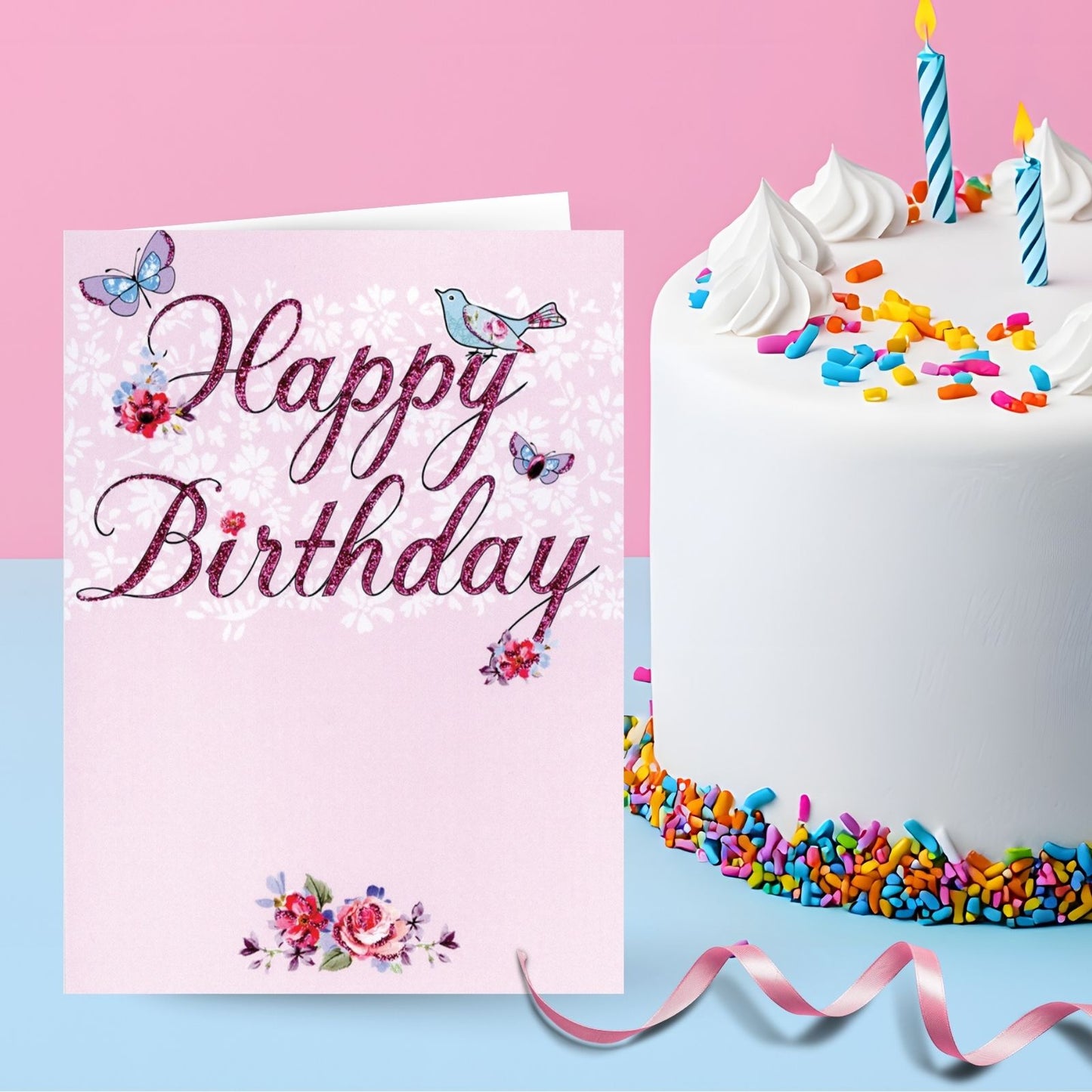 Hand-Finished Happy Birthday Card Whimsical Floral Birds Glittered Pink For Her