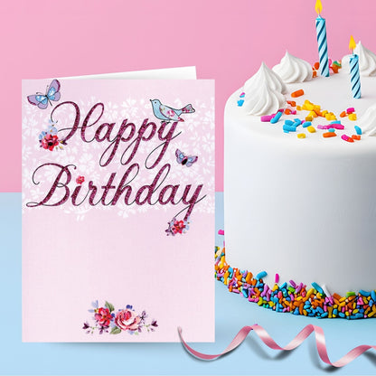 Hand-Finished Happy Birthday Card Whimsical Floral Birds Glittered Pink For Her